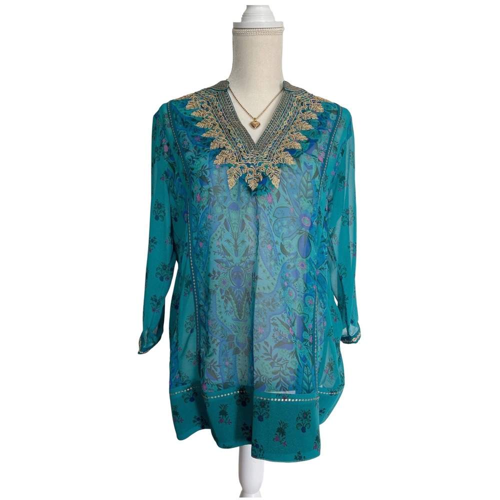 Soft Surroundings Teal Beaded Embroidered Tunic S Boho Artsy Resort Blouse